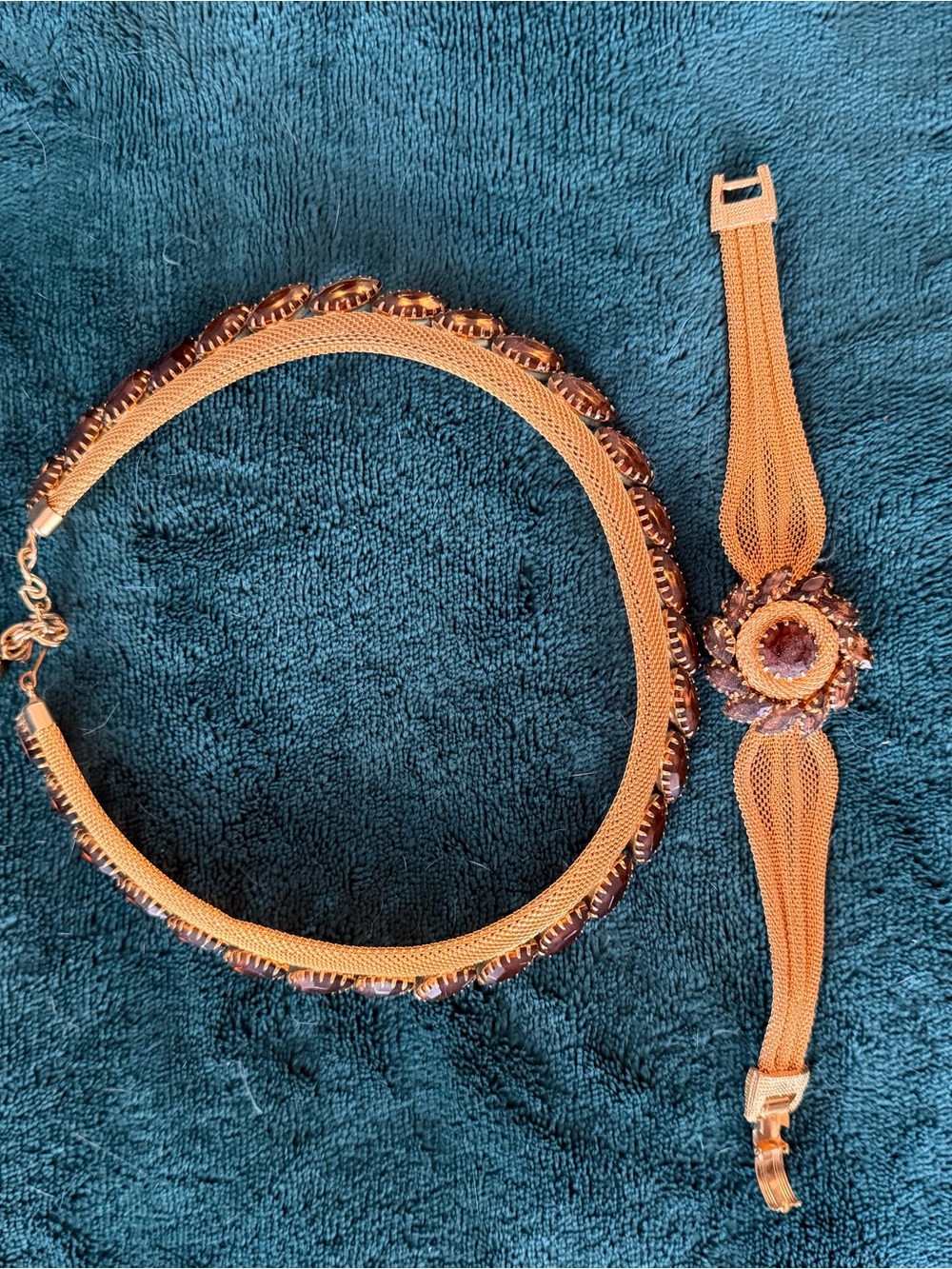 Gold-Tone Brown Crystal Flower Bracelet and Necklace Set - Vintage - Picture 4 of 4